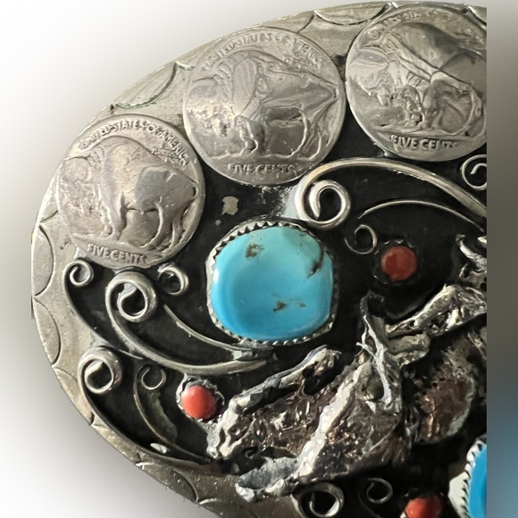 Hand Crafted SQUAW WRAP Signed Silver Belt Buckle Turquoise Coral Cowboy Horse - Picture 5 of 7